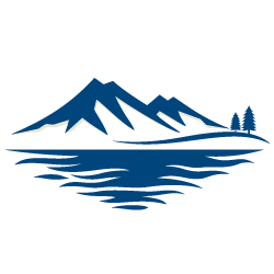 navy blue icon of a mountain with a lake