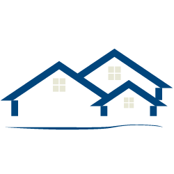 navy and beige icon of three houses